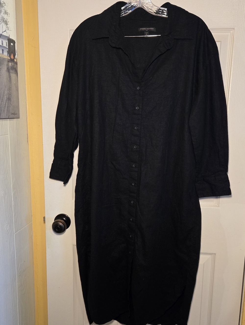 Banana Republic Linen Blend 3/4 Sleeve Shirt Dress Duster Large Petite Black